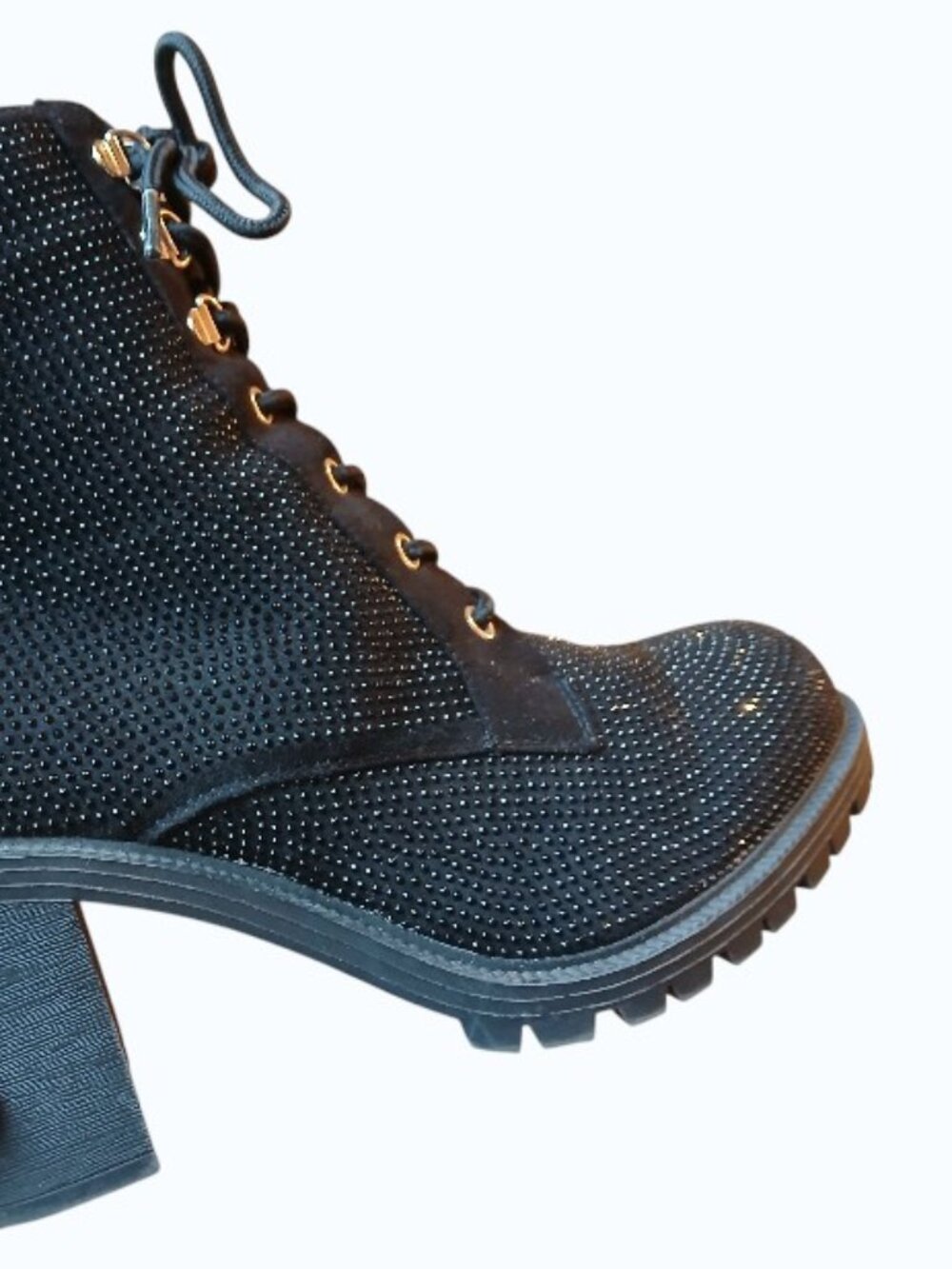 TORRID Black Rhinestone Lace Up Lug Sole Heeled Ankle Boots